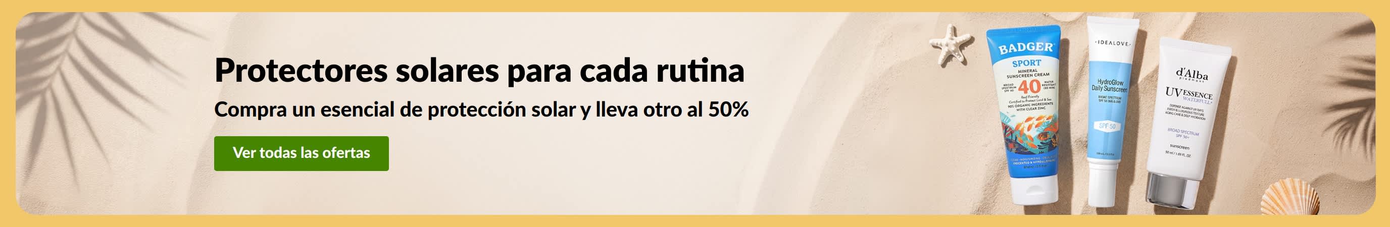 Banner con la oferta “Compra un esencial de protección solar y lleva otro al 50%”