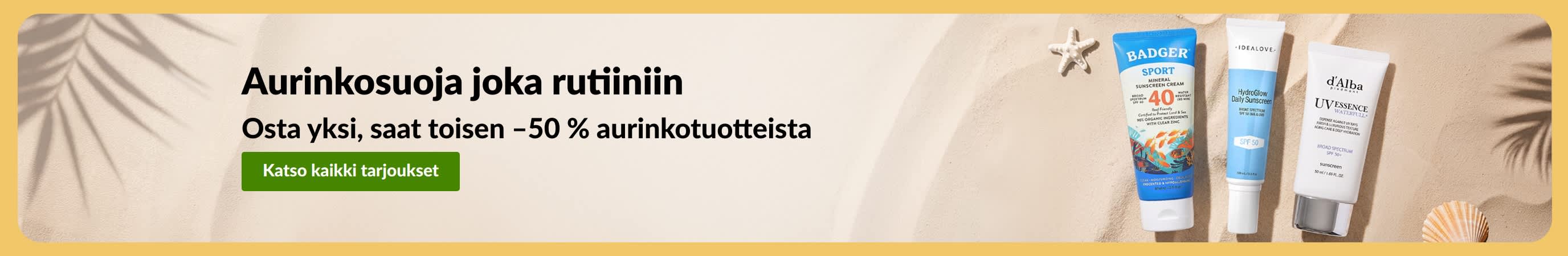 Aurinkovoiteiden alennusbanneri, jossa kaksi tuotetta ja teksti 