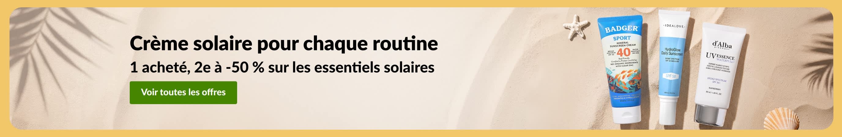 Bannière promo solaire avec deux produits : « 1 acheté, 2e à -50 % sur les essentiels solaires »