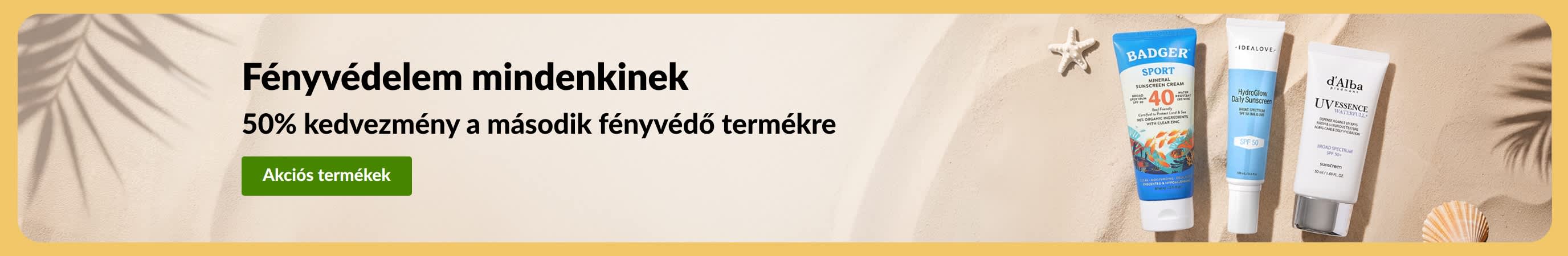Fényvédőket hirdető akciós banner két termékkel és „50% kedvezmény a második fényvédő termékre” szöveggel