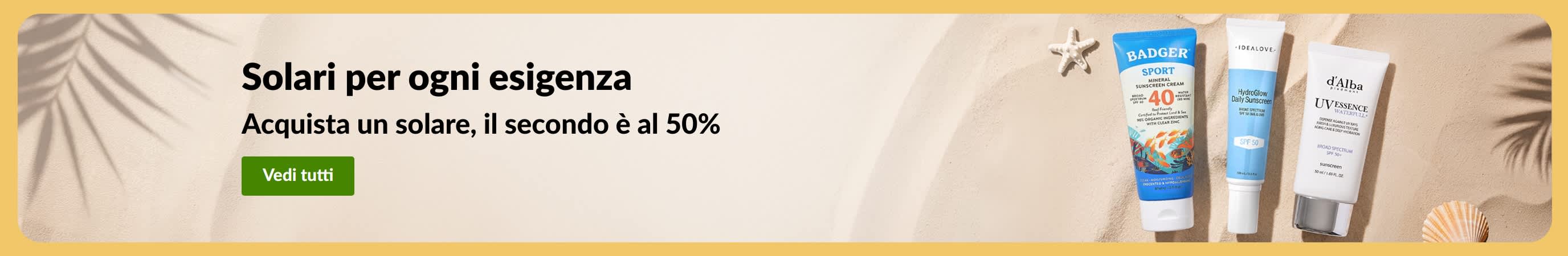 Banner con una promozione sui solari che mostra due prodotti: “Offerta 1+1: il secondo è al 50%”
