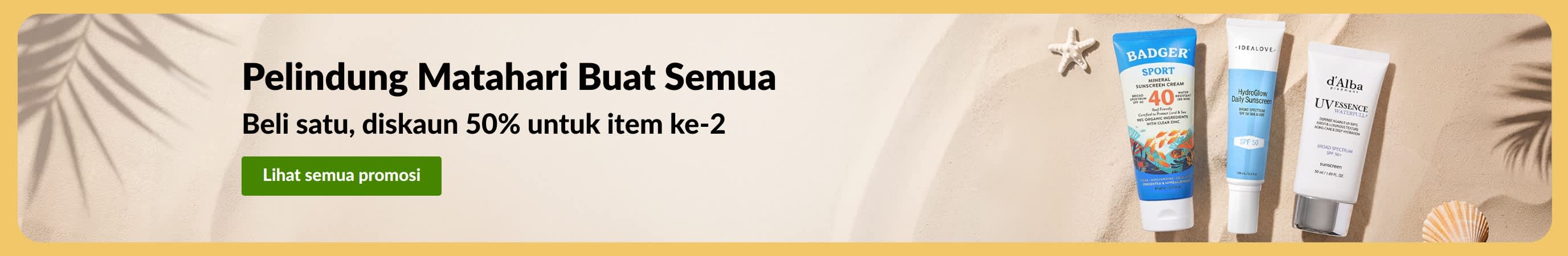 Sepanduk jualan pelindung matahari dengan dua produk, “Beli satu, diskaun 50% item ke-2”