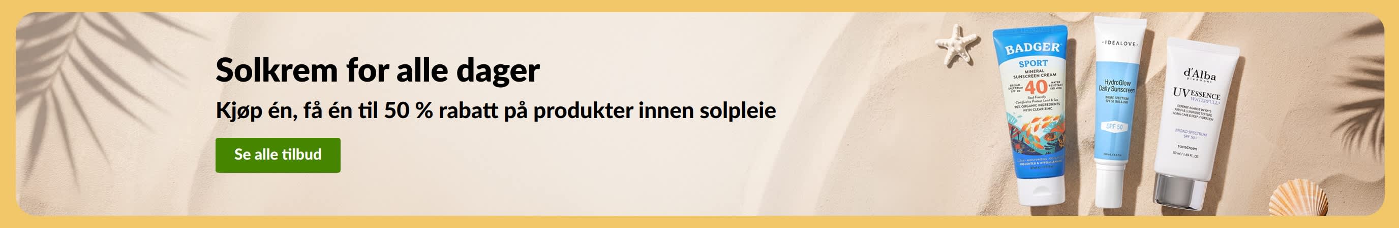 Solkrembanner med to produkter, «Kjøp én, få én til 50 % rabatt på produkter innen solpleie»