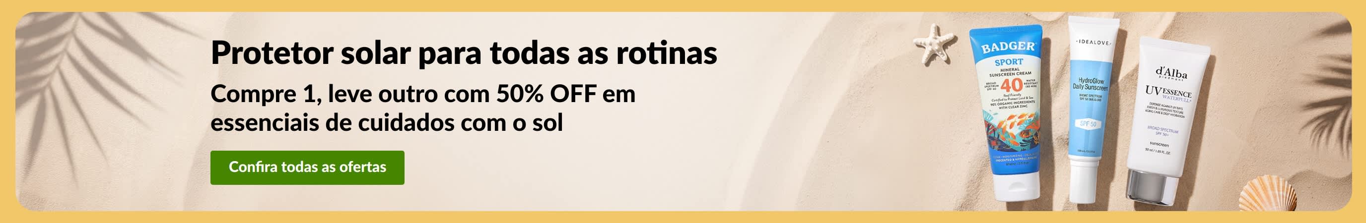 Banner de promoção de protetor solar com dois produtos e a mensagem “Compre 1, leve outro com 50% OFF em essenciais de cuidados com o sol”