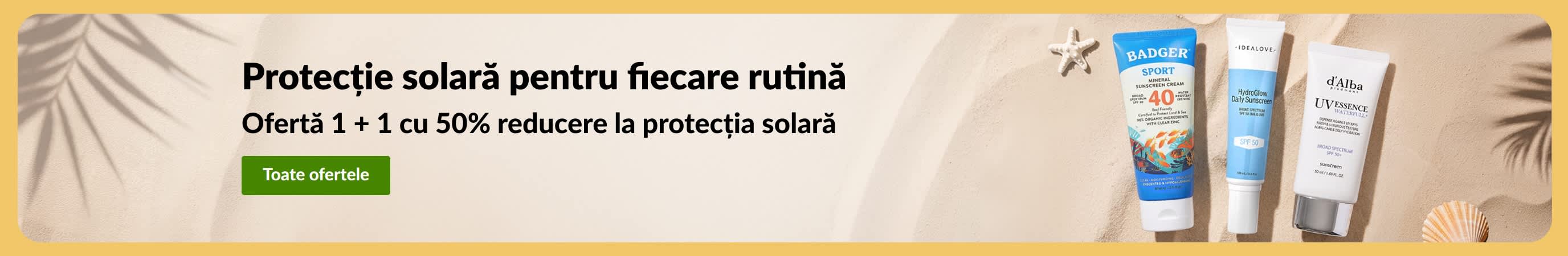 Banner cu două produse de protecție solară, cu „Ofertă 1 + 1 cu 50% reducere la protecția solară”