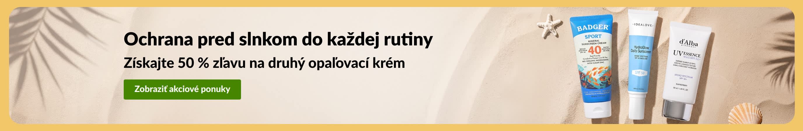 Baner pre výpredaj opaľovacích krémov: „Získajte 50 % zľavu na druhý opaľovací krém“