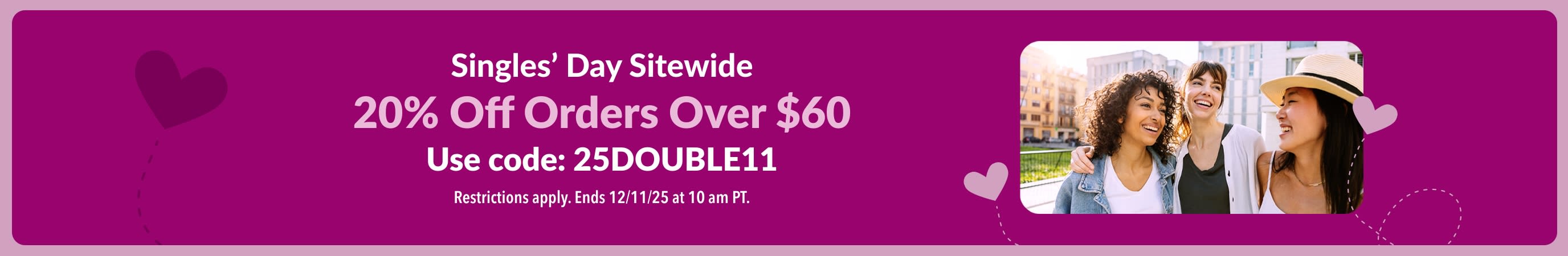 iHerb banner promoting the Singles' Day Sitewide Sale. 20% Off Over $60 USD. Use promo code: 25DOUBLE11