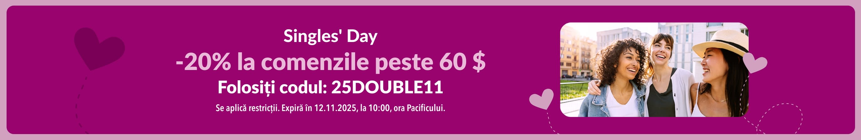 Banner iHerb cu reduceri la toate produsele de Singles' Day. -20% la comenzi peste 60 $ cu codul 25DOUBLE11.