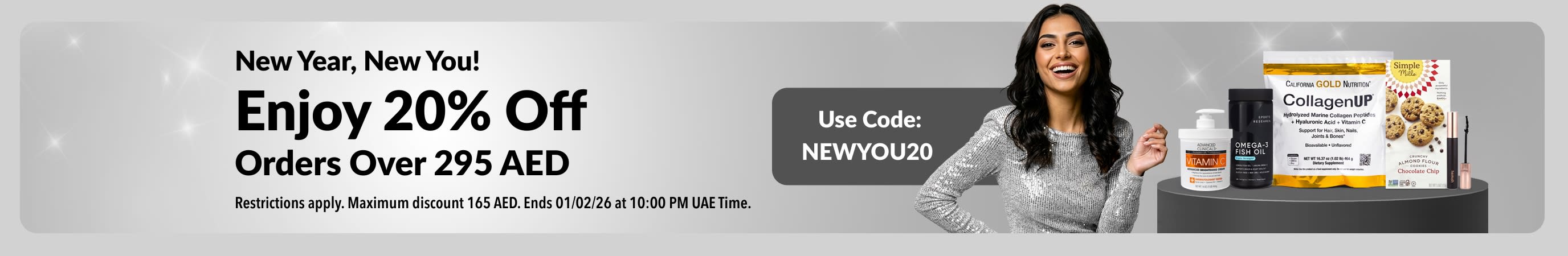 New Year, New You! promotion offering 20% off orders over 295 AED with discount code NEWYOU20