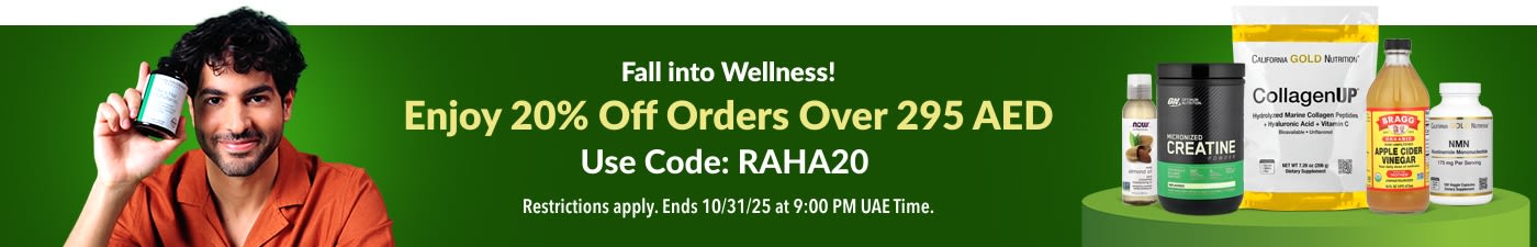Fall into Wellness promotion — enjoy 20% off orders over 295 AED with code RAHA20