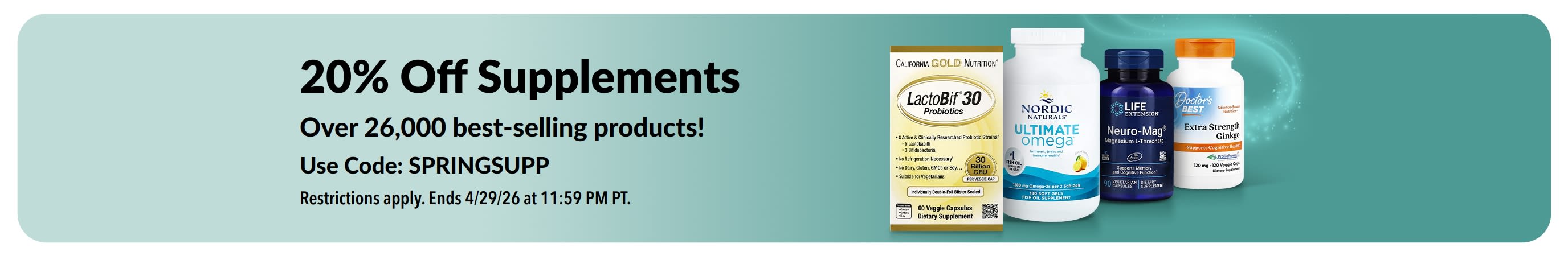20% off supplements banner with code SPRINGSUPP, featuring products.
