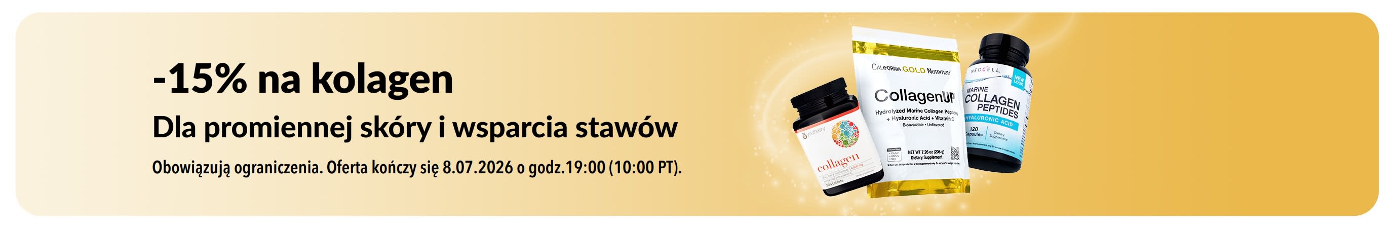 Baner iHerb oferujący 15% zniżki na kolagen.