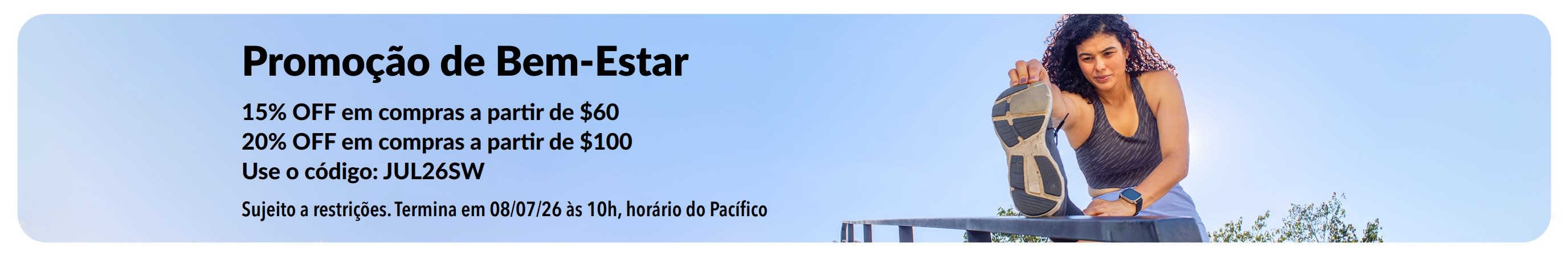 Banner promocional da iHerb que oferece 15% OFF em compras a partir de $60 e 20% OFF em compras a partir de $100 em produtos essenciais de bem-estar.