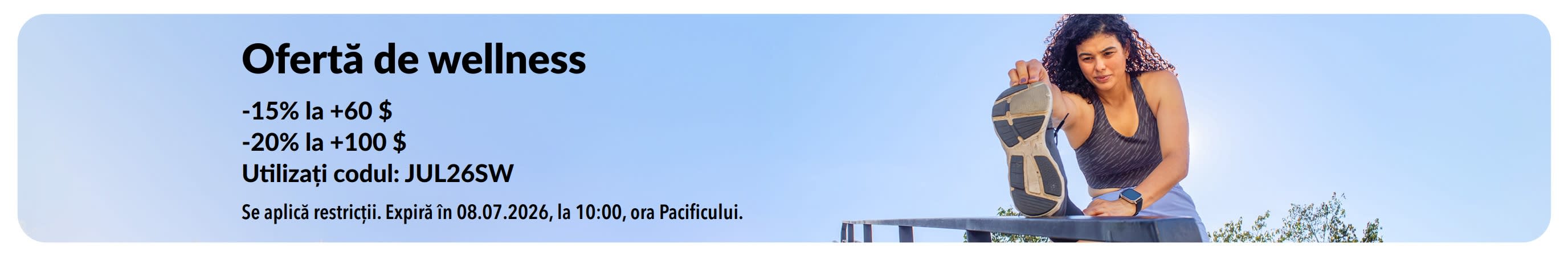 Banner iHerb ce oferă -15% la +60 $ și -20% la +100 $ la produse esențiale de wellness.