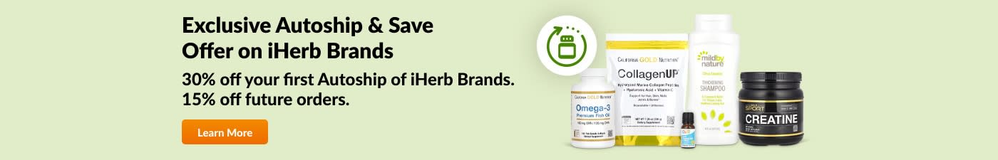30% off your first Autoship of iHerb Brands. 15% off future orders.