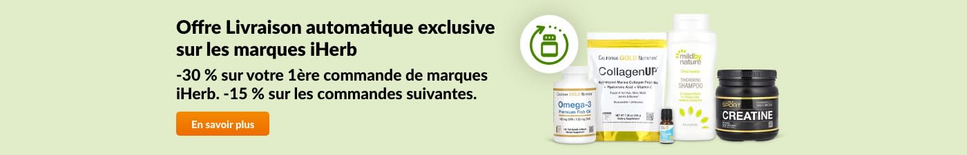 -30 % de réduction sur votre première commande de marques iHerb en livraison automatique. -15 % sur les commandes suivantes.