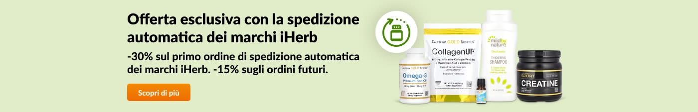 -30% sul primo ordine di spedizione automatica dei marchi iHerb. -15% sugli ordini futuri