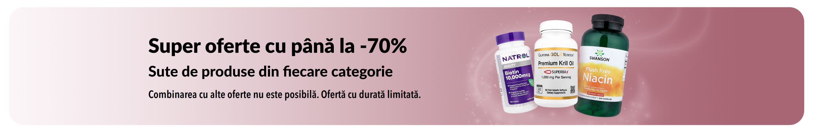 Banner cu super oferte cu până la 70% reducere.