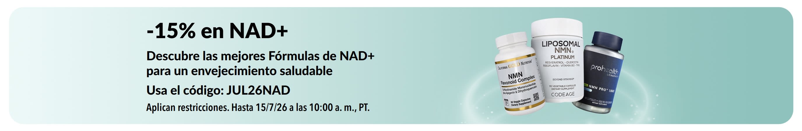 Banner que promociona un 15% de descuento en suplementos de NAD+