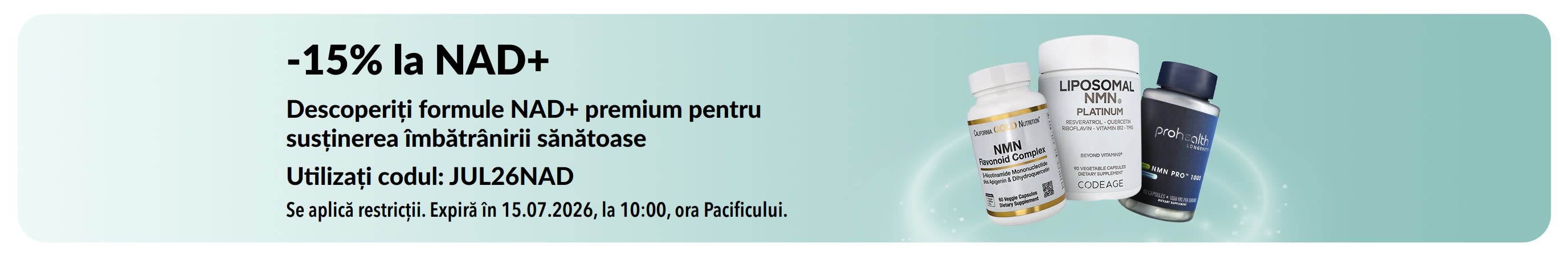 Banner ce promovează 15% reducere la suplimentele cu NAD+.