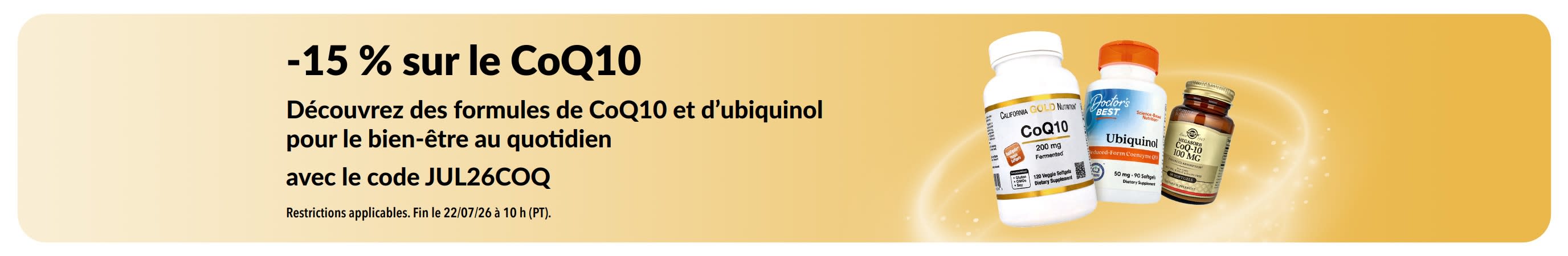 Bannière faisant la promotion d’une offre de -15 % sur le CoQ10.