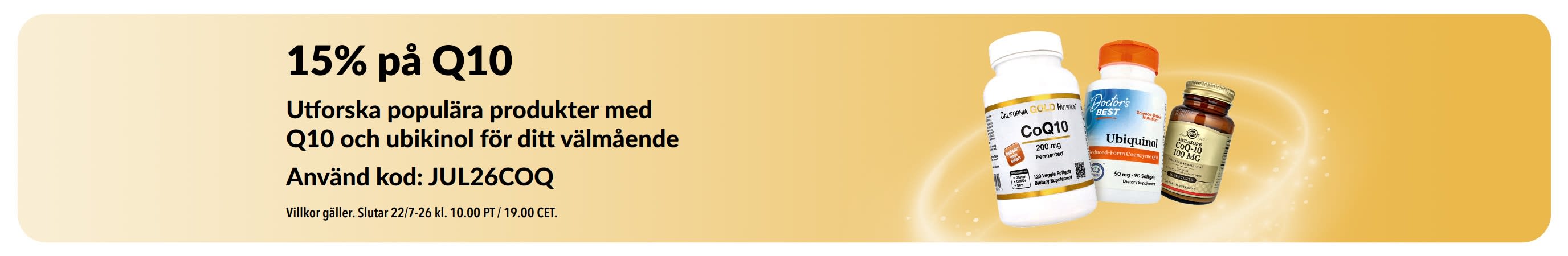 Banner som marknadsför 15% rabatt på Q10