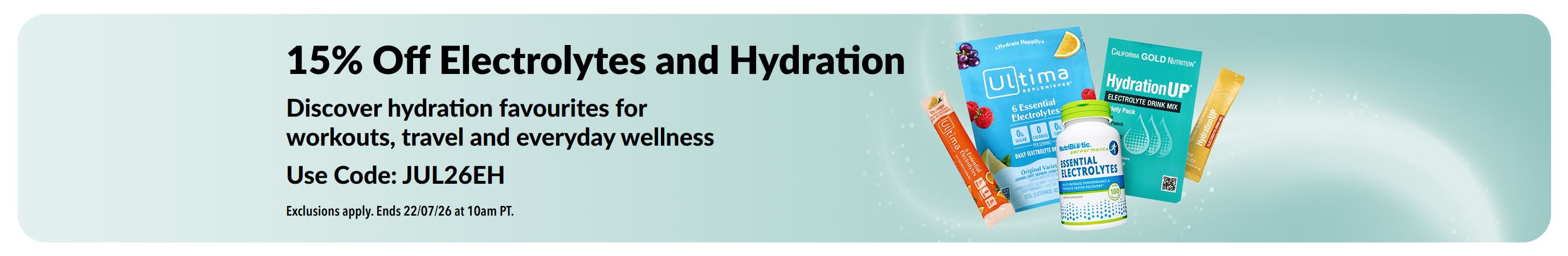 Banner promoting 15% off Electrolytes and Hydration