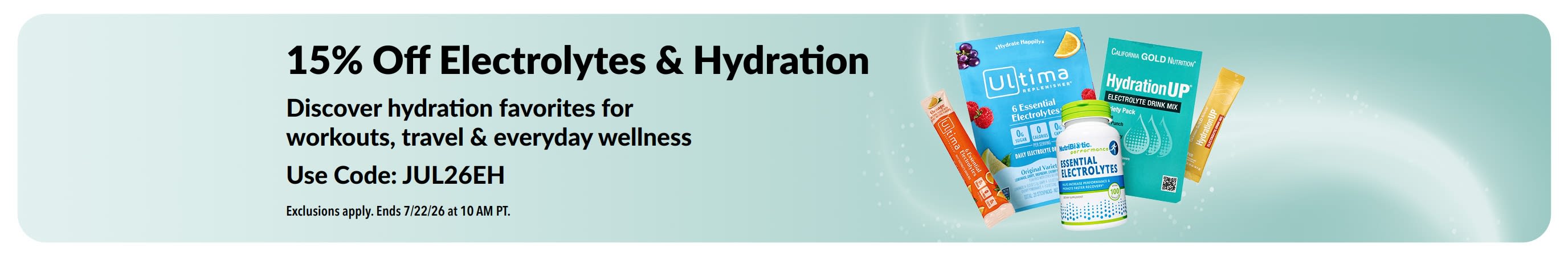 Banner promoting 15% off Electrolytes & Hydration