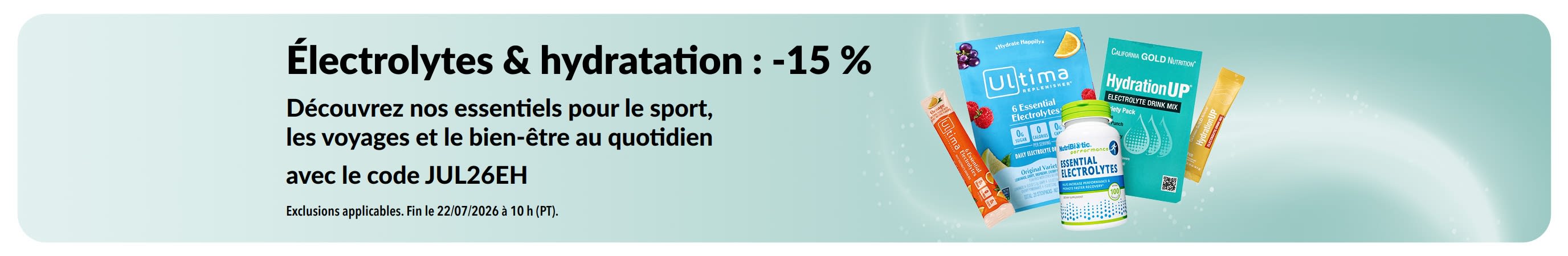 Bannière faisant la promotion d’une offre de 15 % de réduction sur les électrolytes et les produits d’hydratation.