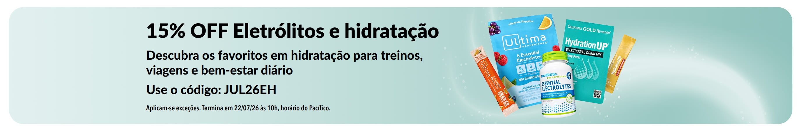 Banner promovendo 15% OFF em eletrólitos e hidratação