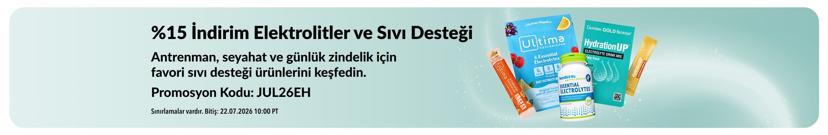 Elektrolitler ve sıvı desteği ürünlerinde %15 indirim tanıtan banner.