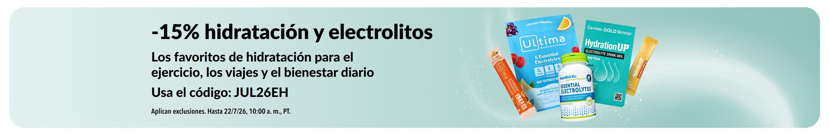 Banner que promociona 15% de descuento en hidratación y electrolitos
