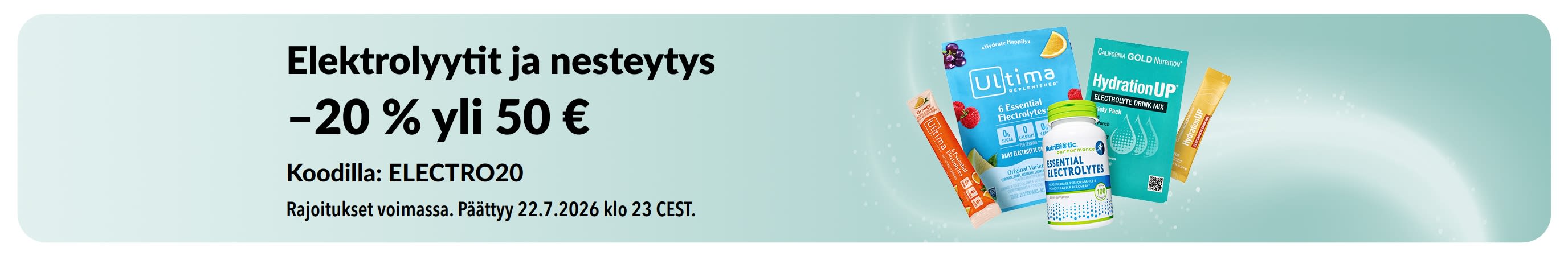 Elektrolyyttejä ja nesteytystä mainostava banneri.