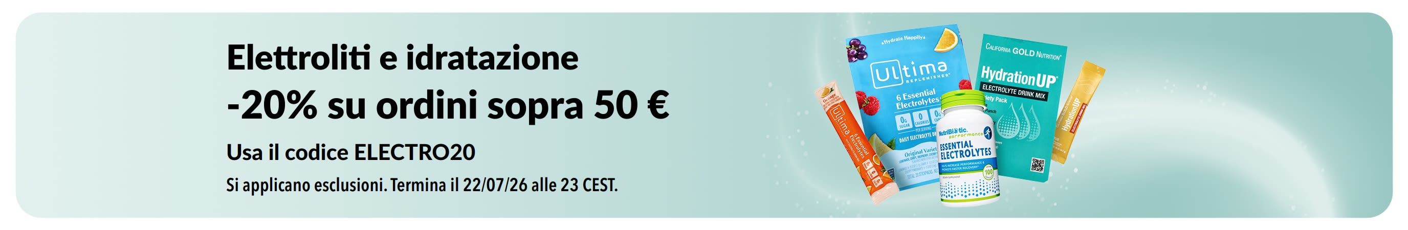 Banner che promuove elettroliti e idratazione