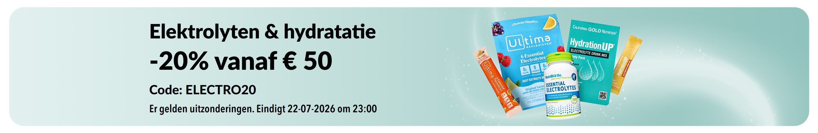 Banner met korting op elektrolyten en hydratatie.