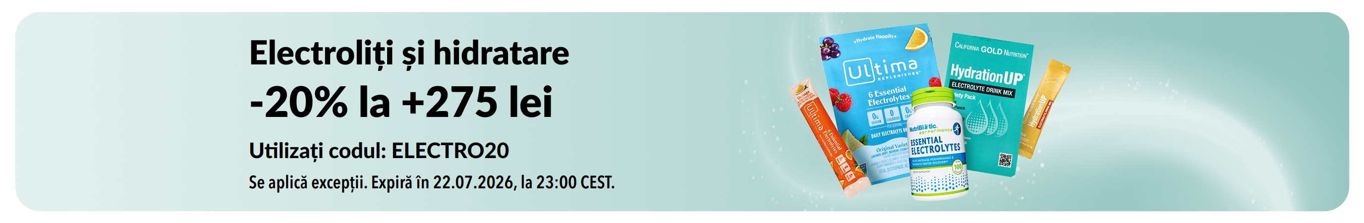 Banner ce promovează electroliții și hidratarea.