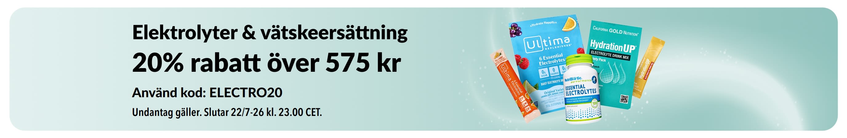 Banner som marknadsför elektrolyter & vätskeersättning.