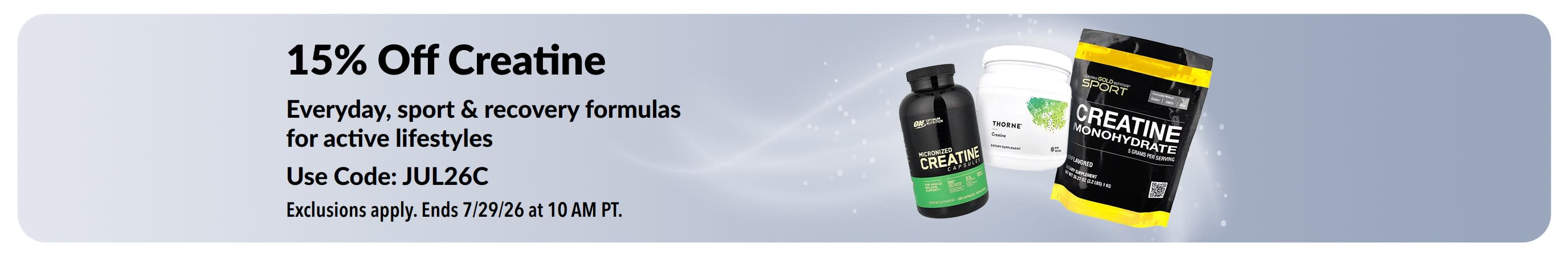 Banner promoting 15% off Creatine