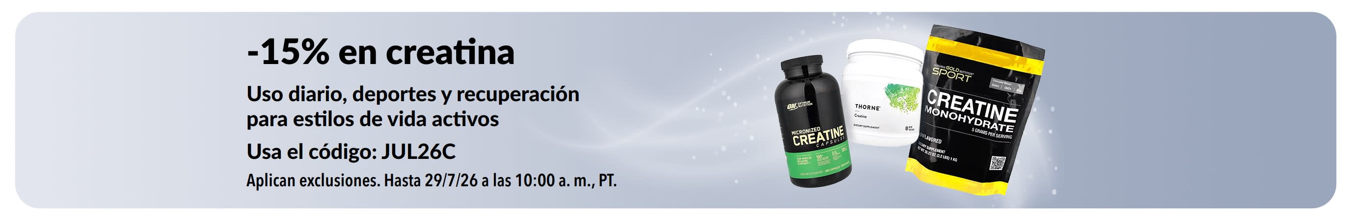 Banner que promociona un 15% de descuento en creatina