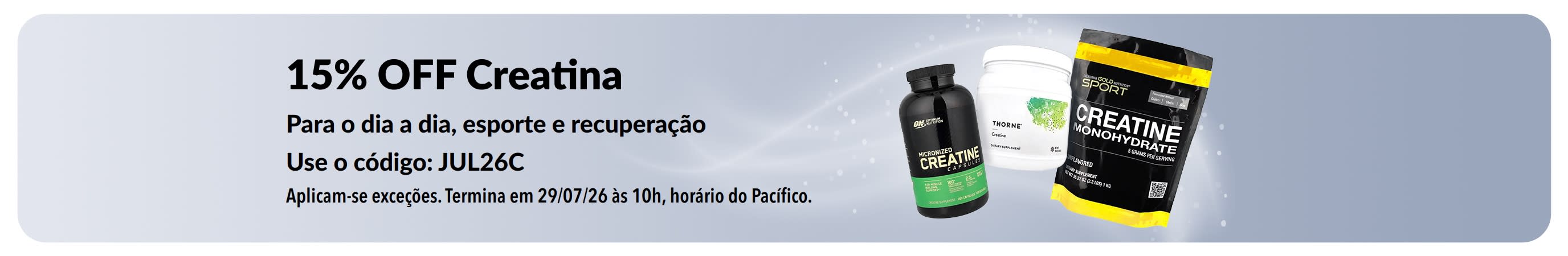 Banner promovendo 15% OFF em creatina