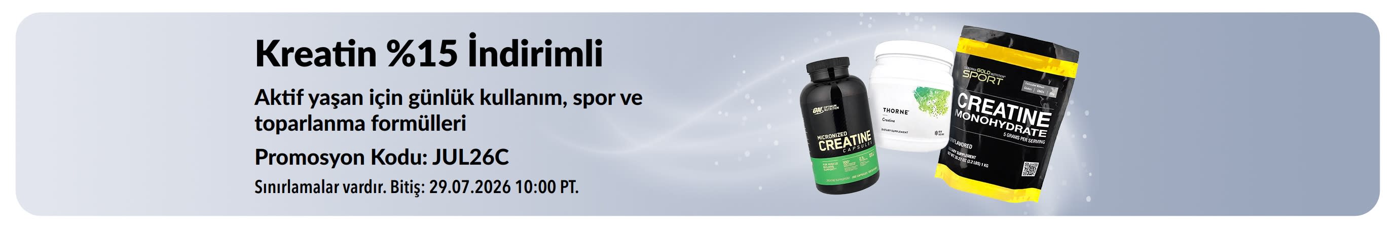 Kreatin ürünlerinde %15 indirim fırsatını tanıtan banner.
