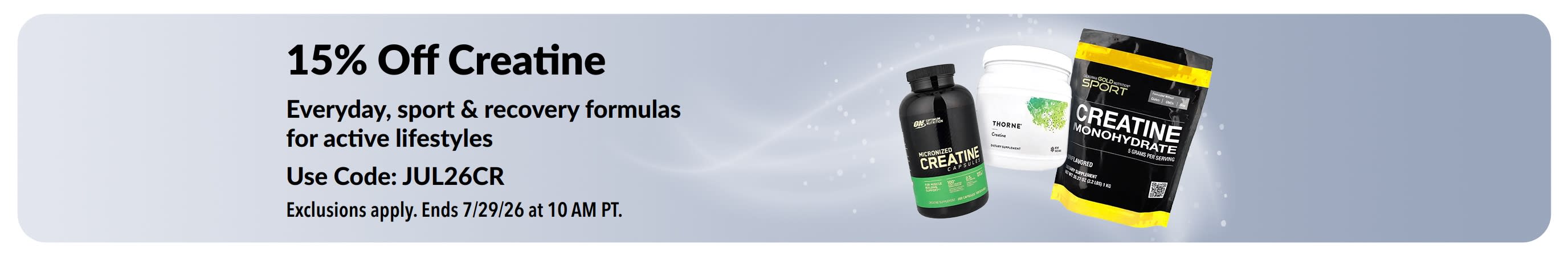 Banner promoting 15% off Creatine