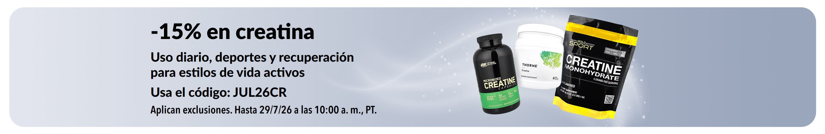 Banner que promociona un 15% de descuento en creatina