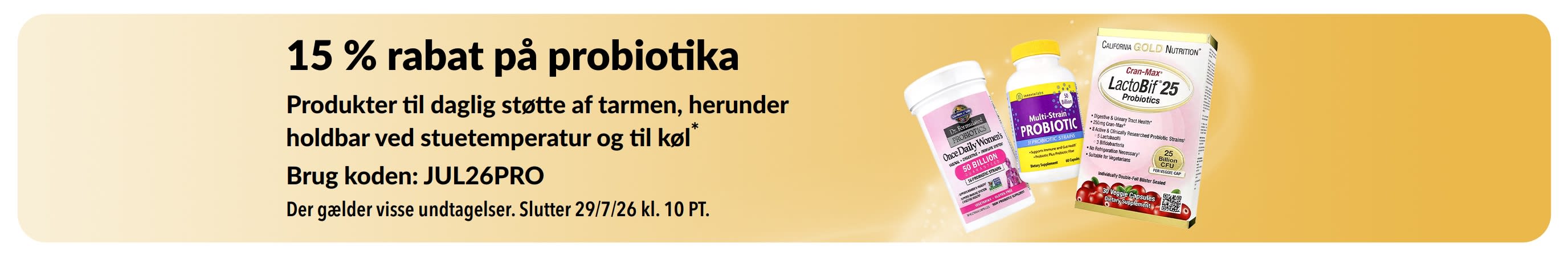 Banner, der promoverer 15 % rabat på probiotika