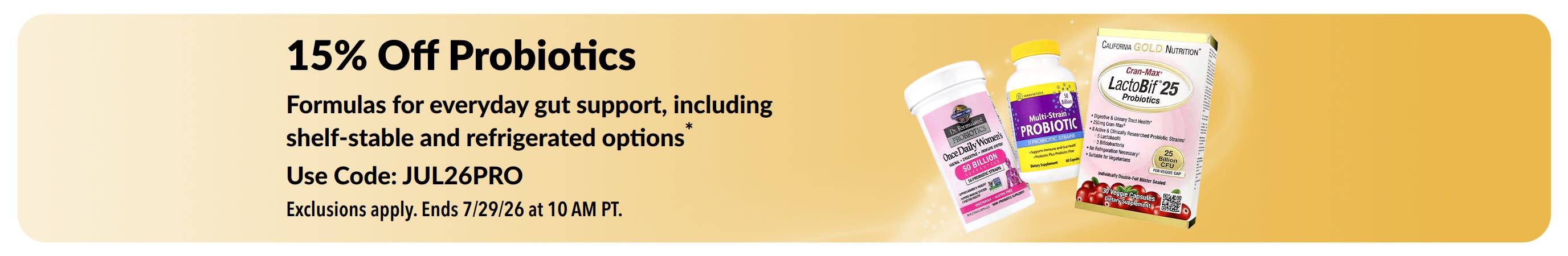Banner promoting 15% off Probiotics