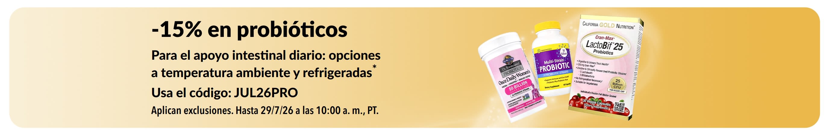 Banner que promociona un 15% de descuento en probióticos