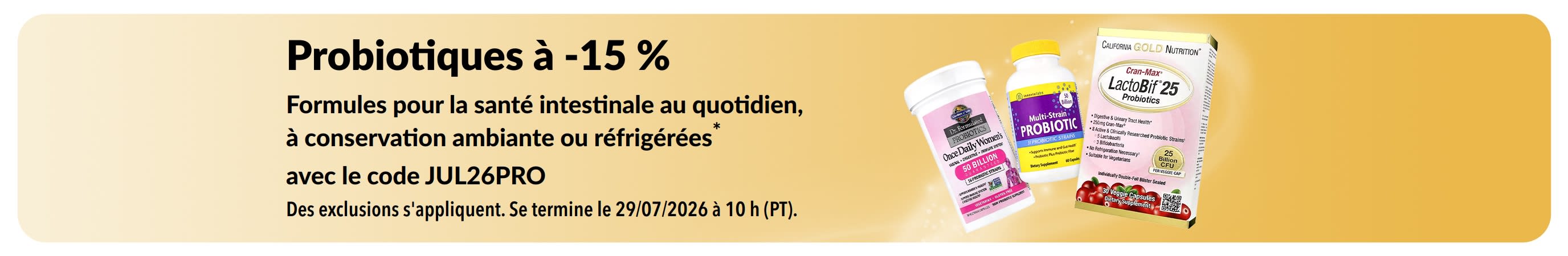 Bannière mettant en avant 15 % de réduction sur les probiotiques