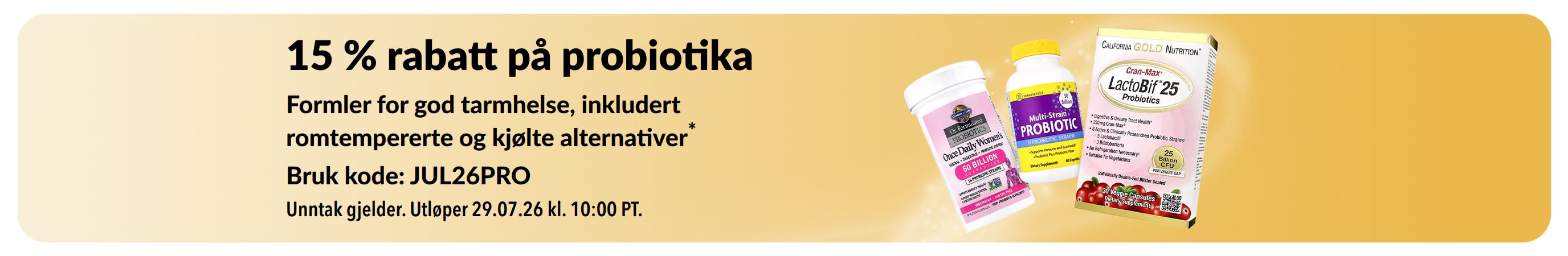 Banner som promoterer 15 % rabatt på probiotika