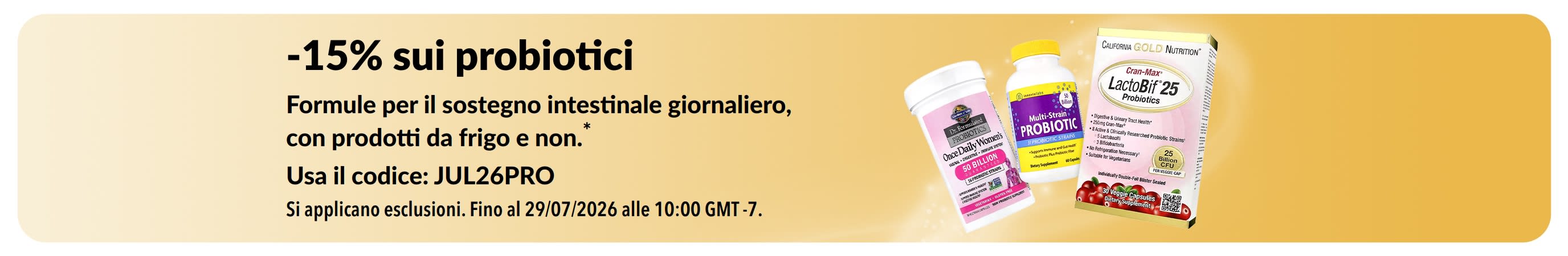 Banner che promuove lo sconto del 15% sui probiotici