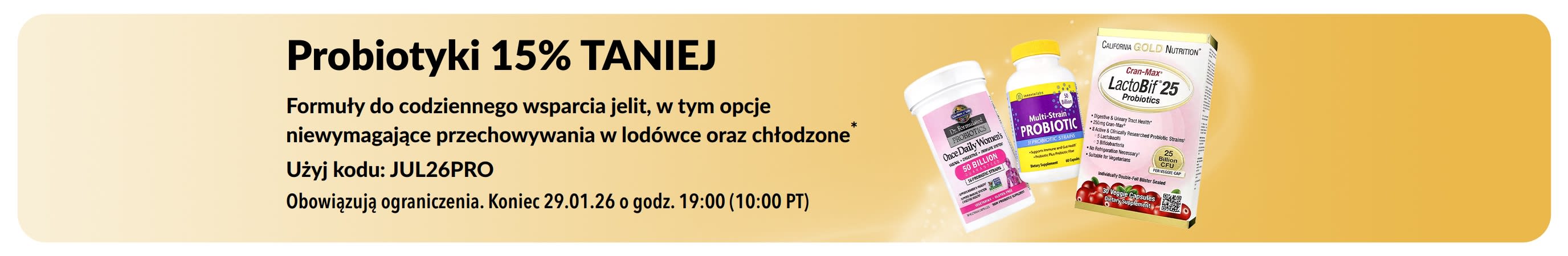Baner promocyjny oferujący 15% zniżki na probiotyki